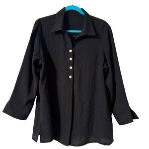 Fridaze black linen XL button detail Washable Hidden Placket Tunic Blouse